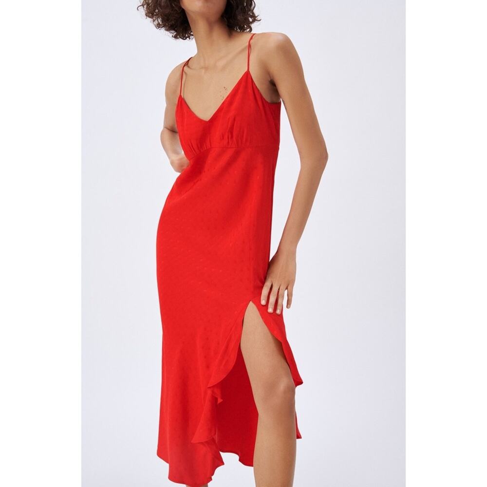 Zara Red Polkadot Embossed Strappy Ruffle Slit Slip Midi  Dress XS